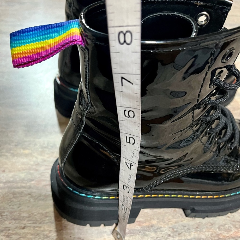 Kurt Geiger London Birdie black glossy combat boots with rainbow 🌈 stitching - Picture 15 of 16